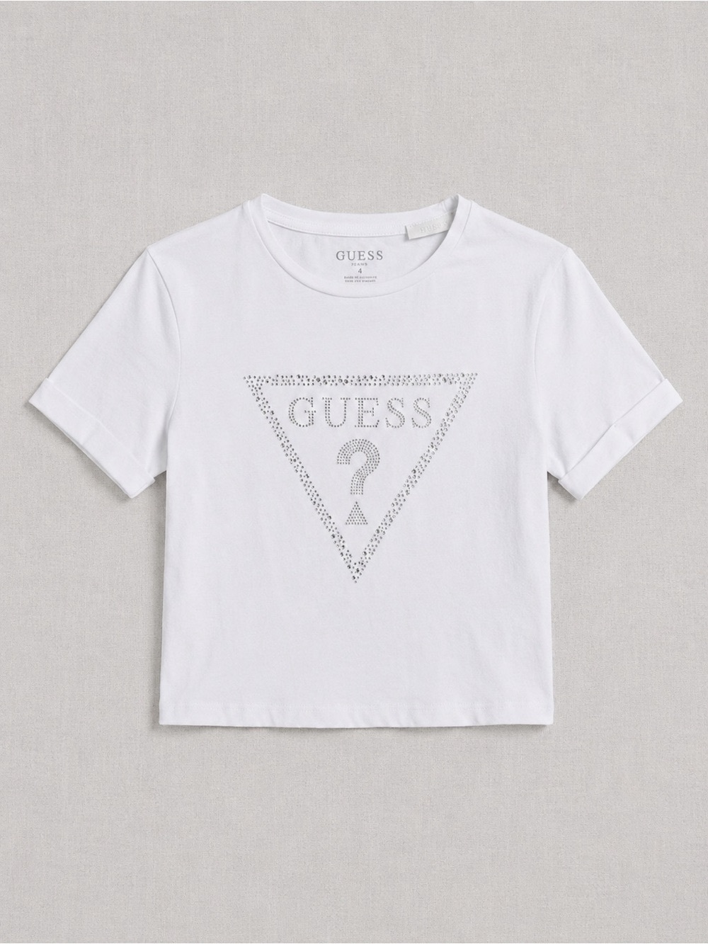 GUESS classic crop white tshirt with rhinestone lettering